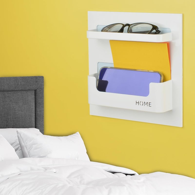 OKOMATCH Bedside Shelf - Stick On Wall Mounted Bed Room,Dorm,Office Adhesive Floating Accessories Caddy Organizer/Holder for Phone,Glasses,Remote Control,Keys,Pens - Plastic Material- White - Image 1